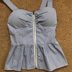 Blue and white pinstripe blouse with zipper.